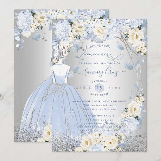 PixDezines Quinceanera H2 Flowers Dusty Blue Rozen Kaart (Voorkant / Achterkant)
