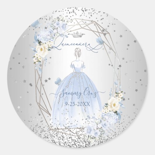 PixDezines Quinceanera H2 Flowers Dusty Blue Rozen Ronde Sticker (Voorkant)
