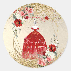 PixDezines Quinceanera H2 Flowers Red Dress Ronde Sticker