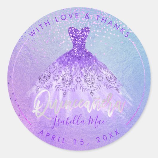 PixDezines Quinceanera Paars+Violet Gown Ronde Sticker (Voorkant)