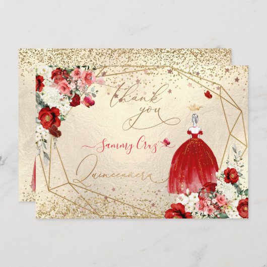 PixDezines Quinceanera Red Gown Dank je Kaart (Voorkant / Achterkant)