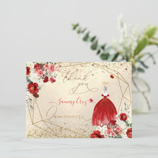 PixDezines Quinceanera Red Gown Dank je Kaart (Staand voorkant)