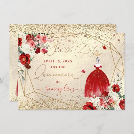 PixDezines Quinceanera Red Gown Save the Date Kaart (Voorkant / Achterkant)