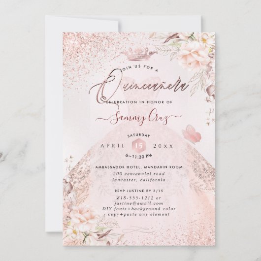 PixDezines Quinceanera Roos Gold Glitter Gown Kaart (Achterkant)