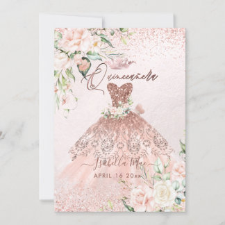 PixDezines Quinceanera Roos Gold Glitter Gown Kaart