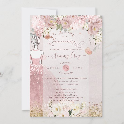 PixDezines Quinceanera Roos Gold H2 Flowers Dusty Kaart (Achterkant)