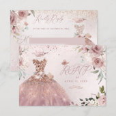 PixDezines Quinceanera RSVP Dusty Roos Gown Kaart (Voorkant / Achterkant)