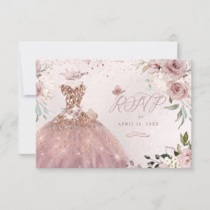PixDezines Quinceanera RSVP Dusty Roos Gown Kaart