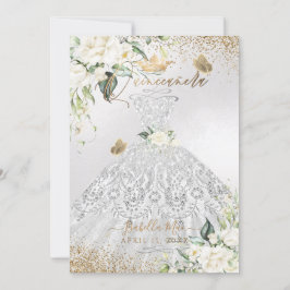 PixDezines Quinceanera Silver Dress Gold Glitter Kaart