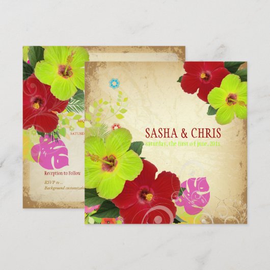 PixDezines red+green hibiscus+monstera Kaart (Voorkant / Achterkant)