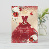 PixDezines Red Roses Quinceanera Dress Uitnodiging (Staand voorkant)