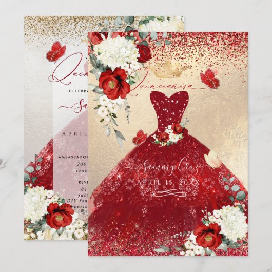 PixDezines Red Roses Quinceanera Dress Uitnodiging (Voorkant / Achterkant)