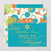 PixDezines retro Mod Bubbles, Bat Mitzvah/blauwgro Kaart (Voorkant / Achterkant)