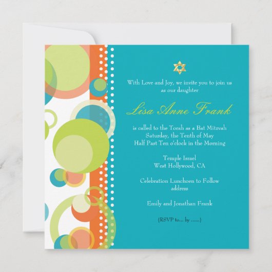 PixDezines retro Mod Bubbles, Bat Mitzvah/blauwgro Kaart (Achterkant)