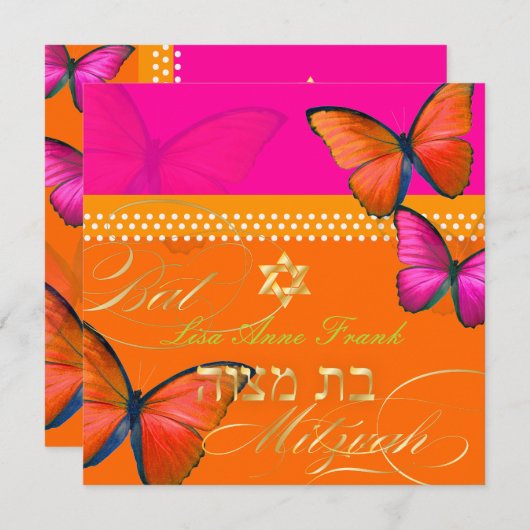 PixDezines retro Papillon, Bat Mitzvah Kaart (Voorkant / Achterkant)