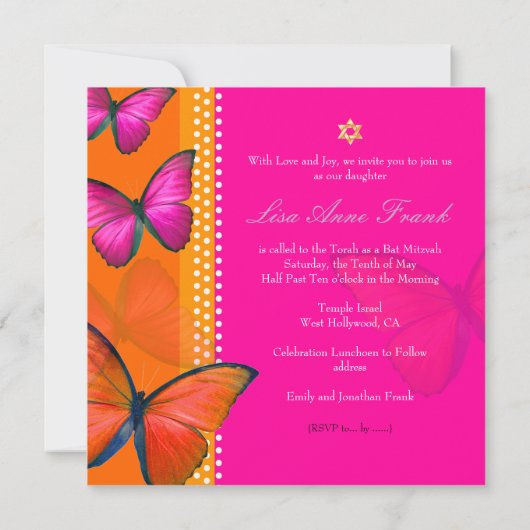 PixDezines retro Papillon, Bat Mitzvah Kaart (Achterkant)