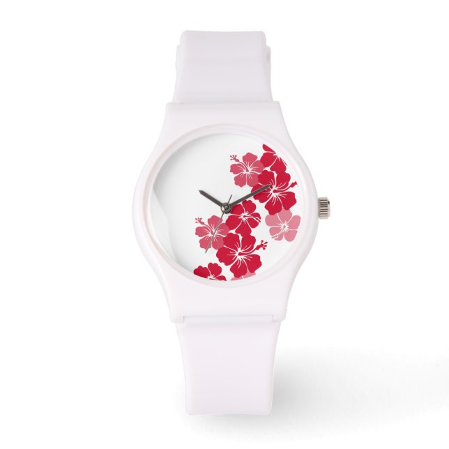 PixDezines rode hibiscus/doe-het-zelf achtergrond Horloge (Voorkant)