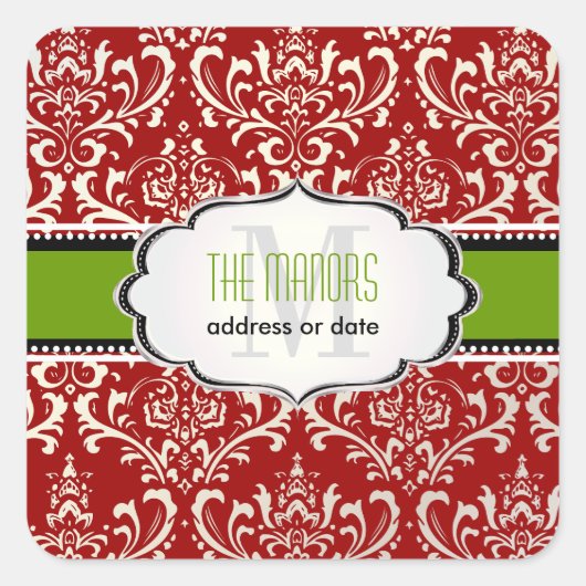 PixDezines Rood+Wit Rossi Damast/Kerst Vierkante Sticker (Voorkant)