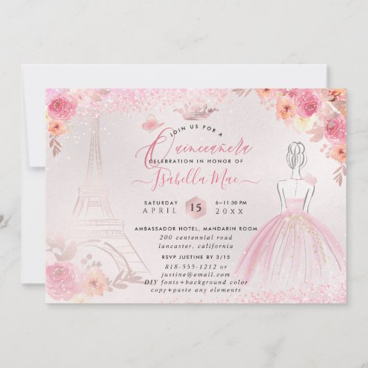 PixDezines Roos Gold Eiffel Tower Quinceanera Kaart (Achterkant)