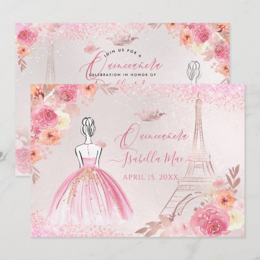 PixDezines Roos Gold Eiffel Tower Quinceanera Kaart (Voorkant / Achterkant)