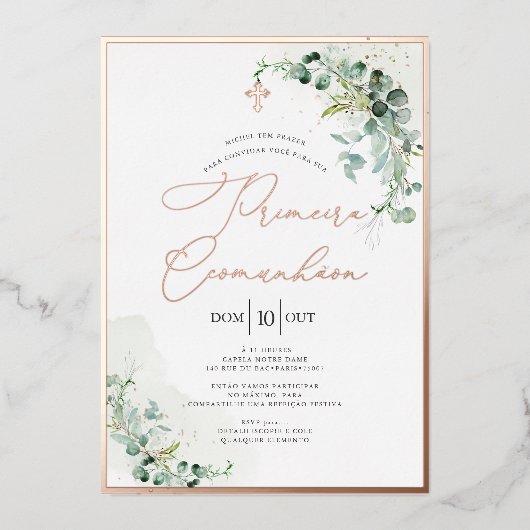 PixDezines Roos Gold Eucalyptus Primeira Comunhão Folie Uitnodiging (Voorkant)