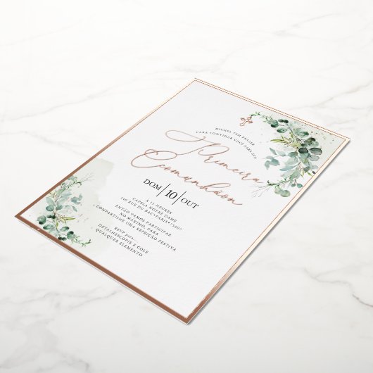 PixDezines Roos Gold Eucalyptus Primeira Comunhão Folie Uitnodiging (Gedraaid)