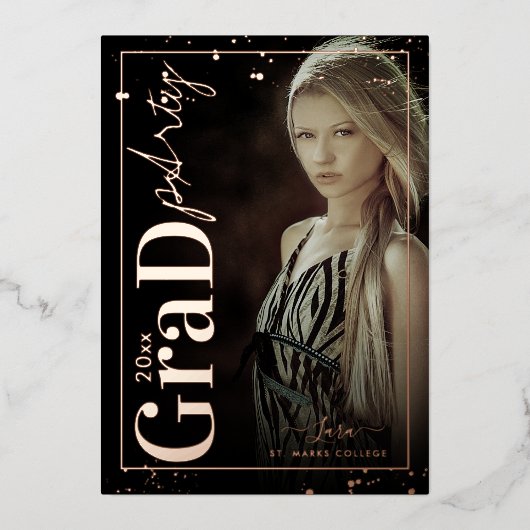 PixDezines Roos Gold Graduation Party Real Folie Uitnodiging (Voorkant)