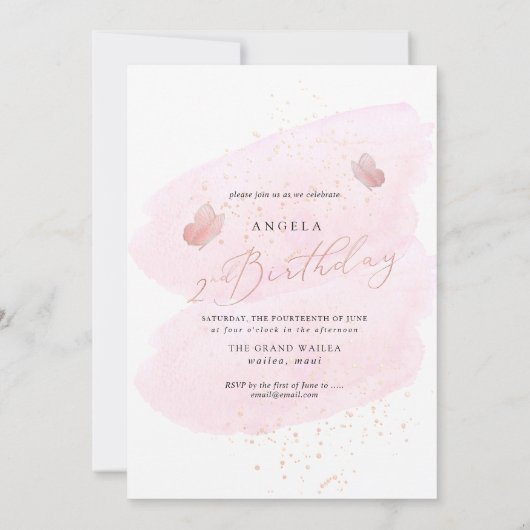 PixDezines Roos Gold Pink Butterflies Waterverf Kaart (Achterkant)