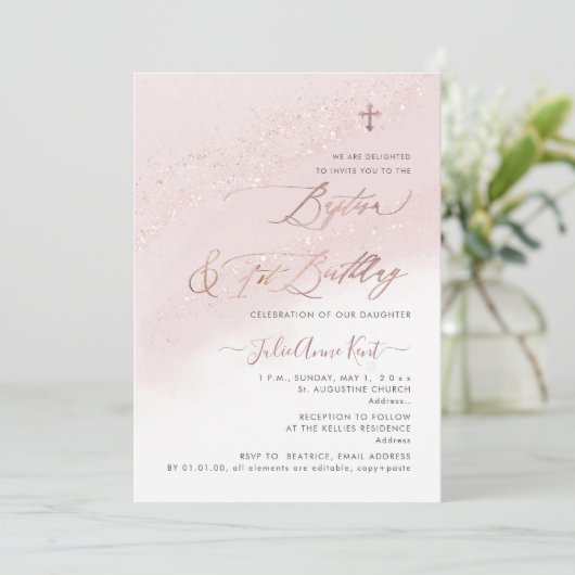 PixDezines Roos Gouden doop+1e Verjaardag Kaart (Staand voorkant)