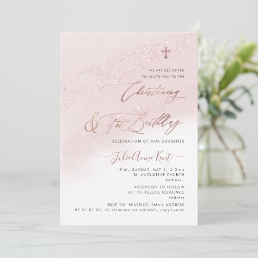 PixDezines Roos Gouden doopfeest + 1e Verjaardag Kaart (Staand voorkant)