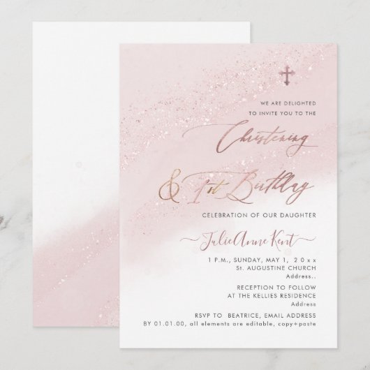 PixDezines Roos Gouden doopfeest + 1e Verjaardag Kaart (Voorkant / Achterkant)