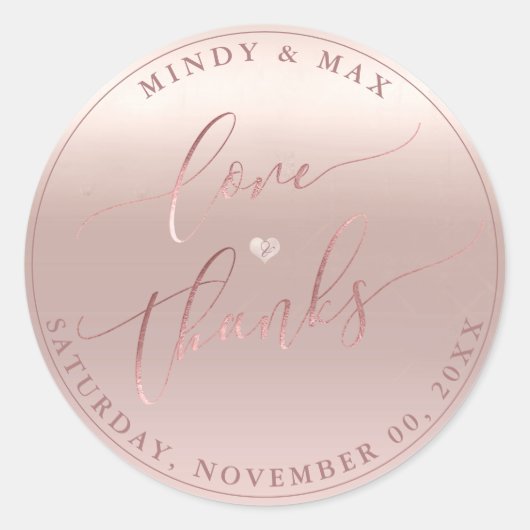 PixDezines ROOS GOUDEN GRADIËNT LOVE+BEDANKT Ronde Sticker (Voorkant)