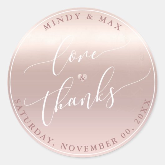 PixDezines ROOS GOUDEN GRADIËNT LOVE+BEDANKT Ronde Sticker (Voorkant)