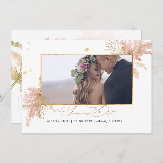 PixDezines Roos Pampas Faux Gold Fan Palms Save The Date (Voorkant / Achterkant)