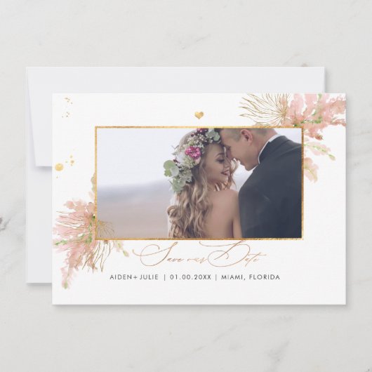 PixDezines Roos Pampas Faux Gold Fan Palms Save The Date (Voorkant)