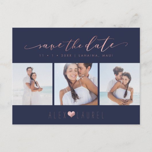 PixDezines Rose Goud Chic Script Bewaar de datum Briefkaart (Voorkant)