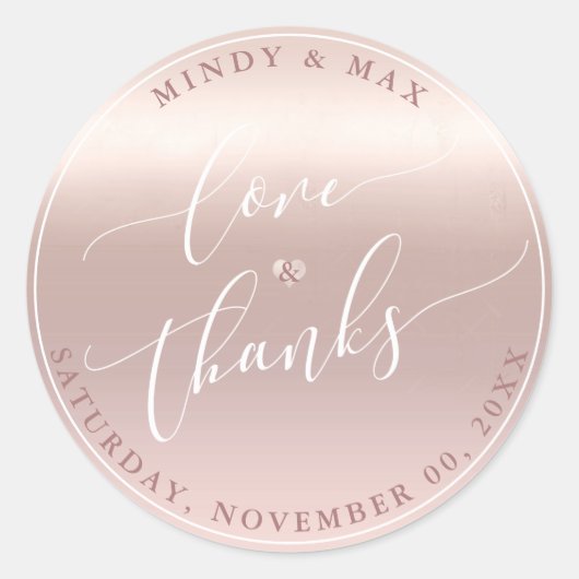 PixDezines ROSE GOUDE GRADIENT LOVE+THANKS Ronde Sticker (Voorkant)