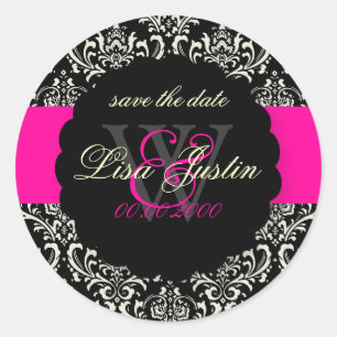 PixDezines Rossi Damask/Black+Hot Pink Ronde Sticker