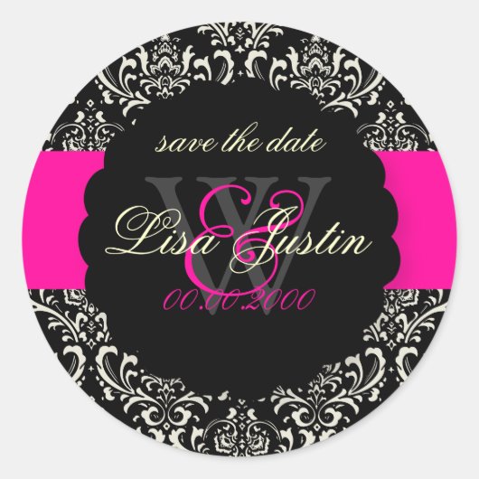PixDezines Rossi Damask/Black+Hot Pink Ronde Sticker (Voorkant)