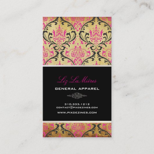 PixDezines  Rossi Damask/black+roze Visitekaartje (Voorkant)