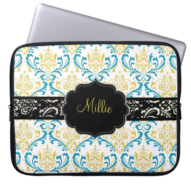 PixDezines Rossi Damask/DIY monogram+kleur! Laptop Sleeve (Voorkant)