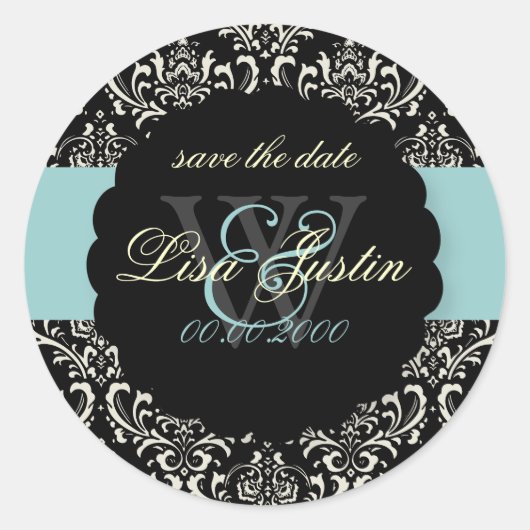 PixDezines Rossi Damask/Zwart+Blauw Ronde Sticker (Voorkant)