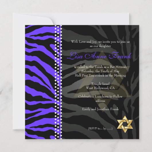 PixDezines Royal Paarse Zebra Stripes, Bat Mitzvah Kaart (Achterkant)