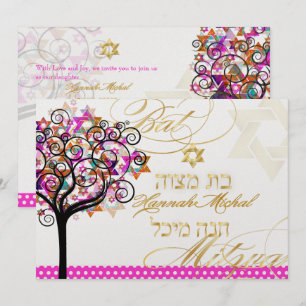 PixDezines Roze Boom des Levens/Sterren/Bat Mitzva Kaart
