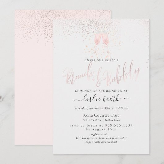 PixDezines Roze Champagne Bubbels Brunch+Bubbly Kaart (Voorkant / Achterkant)