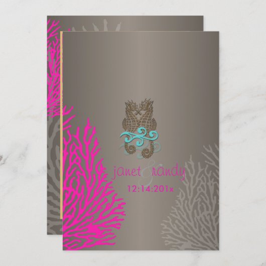 PixDezines  Roze Coral+Seahorse Kaart (Voorkant / Achterkant)