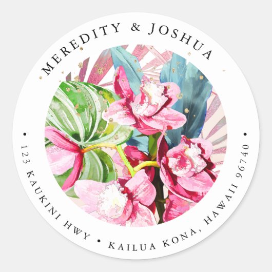 PixDezines Roze Cymbidium Orchidee Zilver Bladzijd Ronde Sticker (Voorkant)