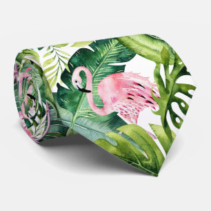 PixDezines Roze Flamingo+Tropisch Lofwerk Herenket Stropdas