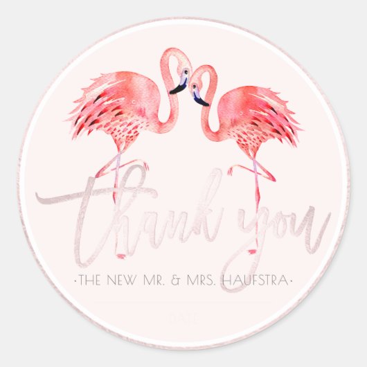PixDezines Roze Flamingo's Dank u + Blush Roze Ronde Sticker (Voorkant)