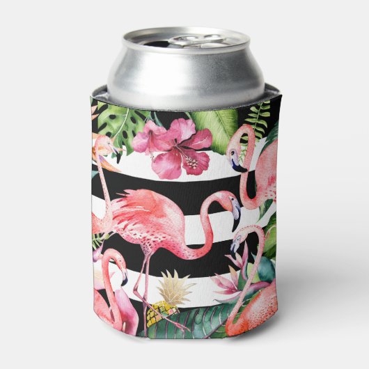 PixDezines Roze Flamingos+Floral Waterverf Blikjeskoeler (Blikje Voorkant)